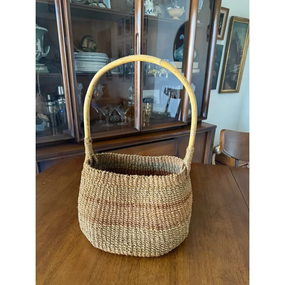 Vintage Woven Straw Basket with Large Handle | Boho Farmhouse Market Tote